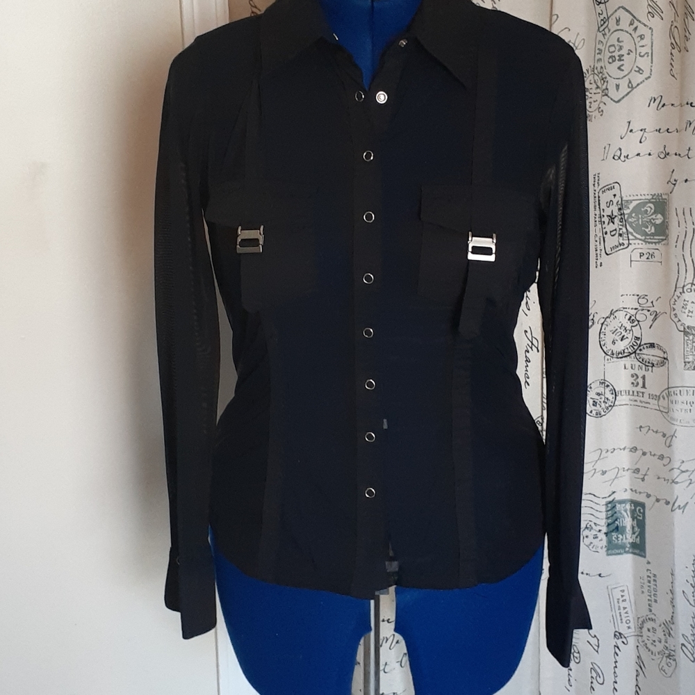 Bisou Bisou Black Mesh Military Top Size L